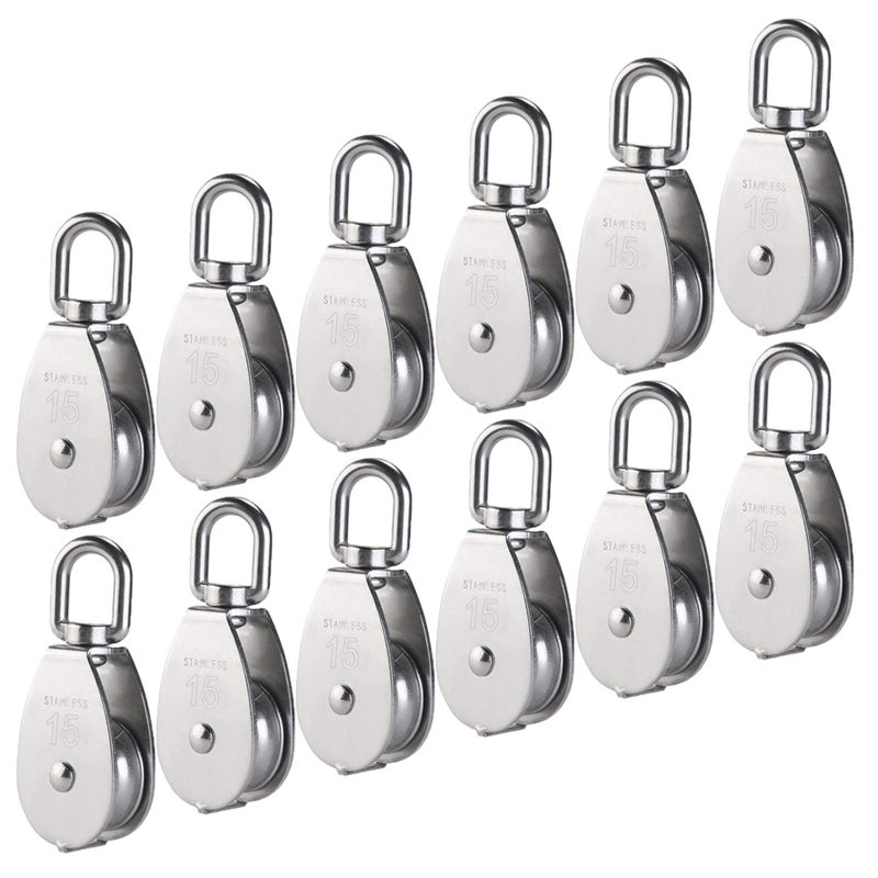 AUHOKY 12Pcs Single Pulley Block (M15), AUHOKY 304 Stainless Steel Hanging Wire Towing Wheel, Swivel Lifting Wire Rope Cable Pulley Roller, Max-Load 35kg/77lbs - Image 1